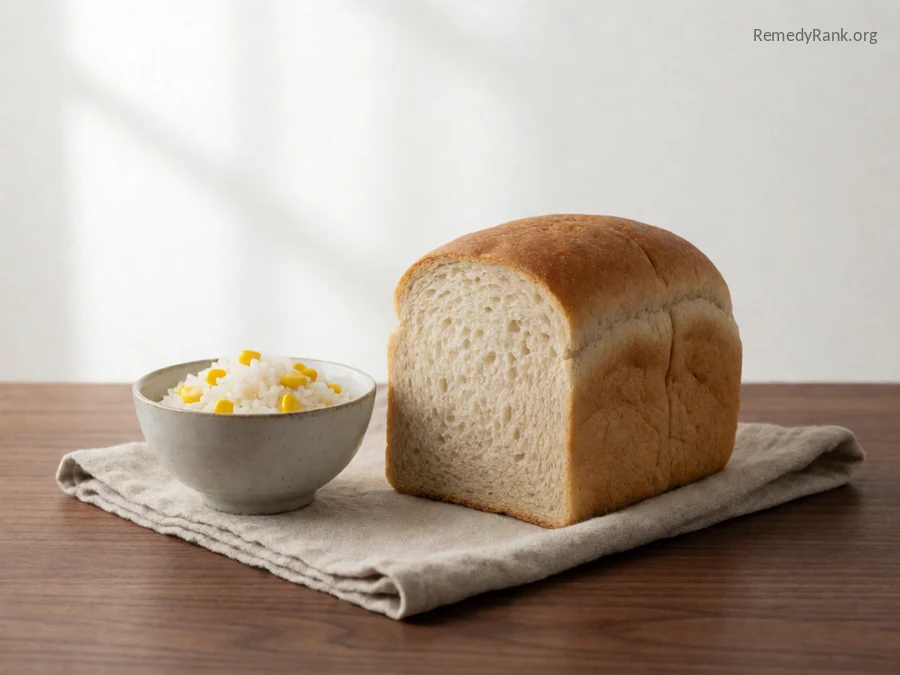 A loaf of gluten-free bread next to a small bowl of rice and corn.