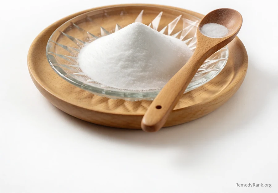 A small glass dish of fine white powder with a wooden measuring spoon resting beside it.