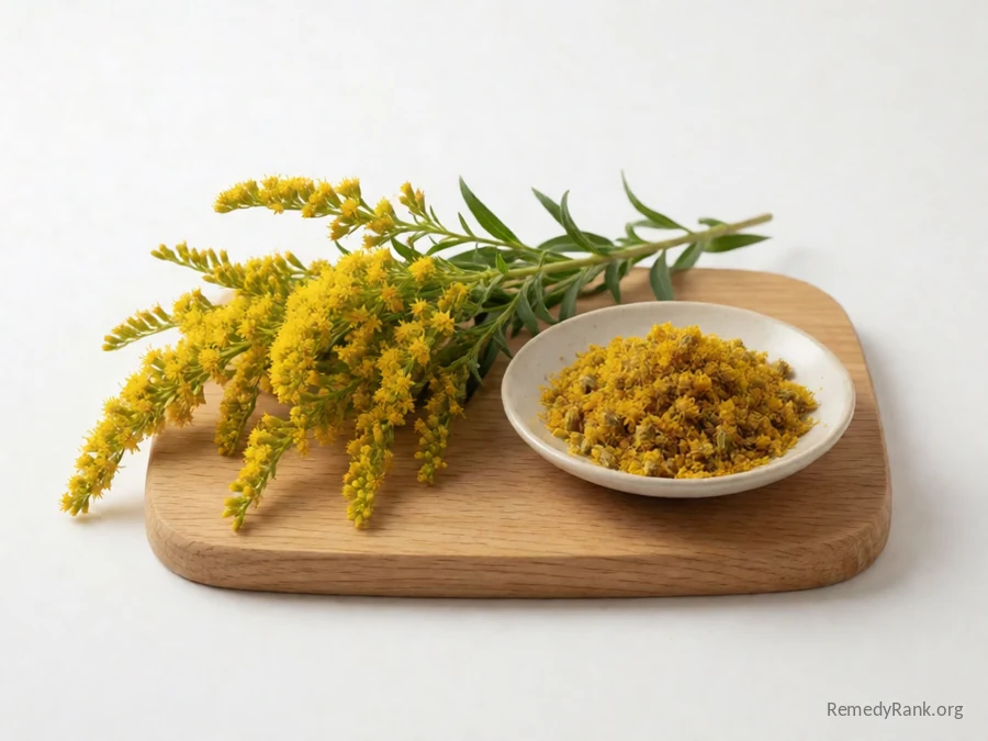 Fresh yellow goldenrod flower plumes beside a dish of dried goldenrod.