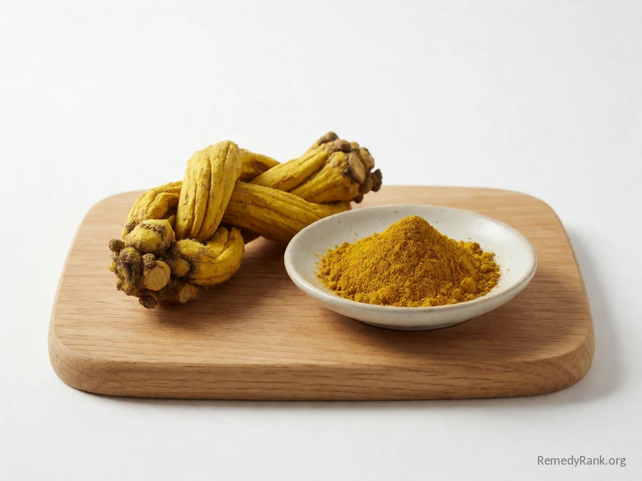 A goldenseal rhizome beside a dish of dried goldenseal powder.