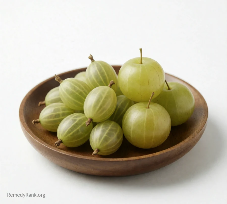 A small pile of pale green gooseberries resting beside a few round amla fruits in a wooden bowl.