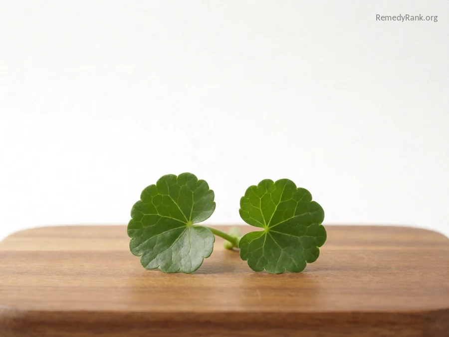 Round scalloped green gotu kola leaves on a short stem.