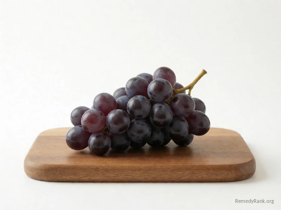A small cluster of dark purple grapes resting on a wooden board.