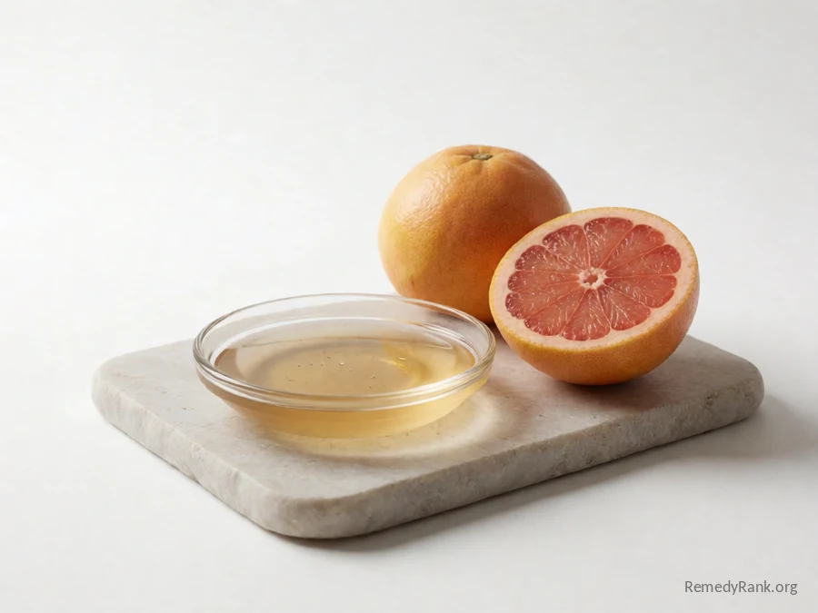 Amber liquid droplets beside a halved pink grapefruit.