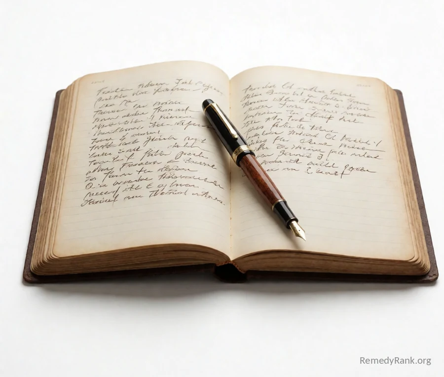 An open journal with handwritten lines and a fountain pen resting diagonally on the page.