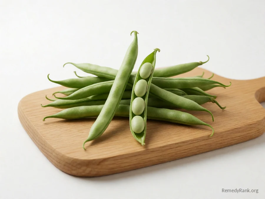 Whole green beans beside one pod snapped open to show the beans inside.