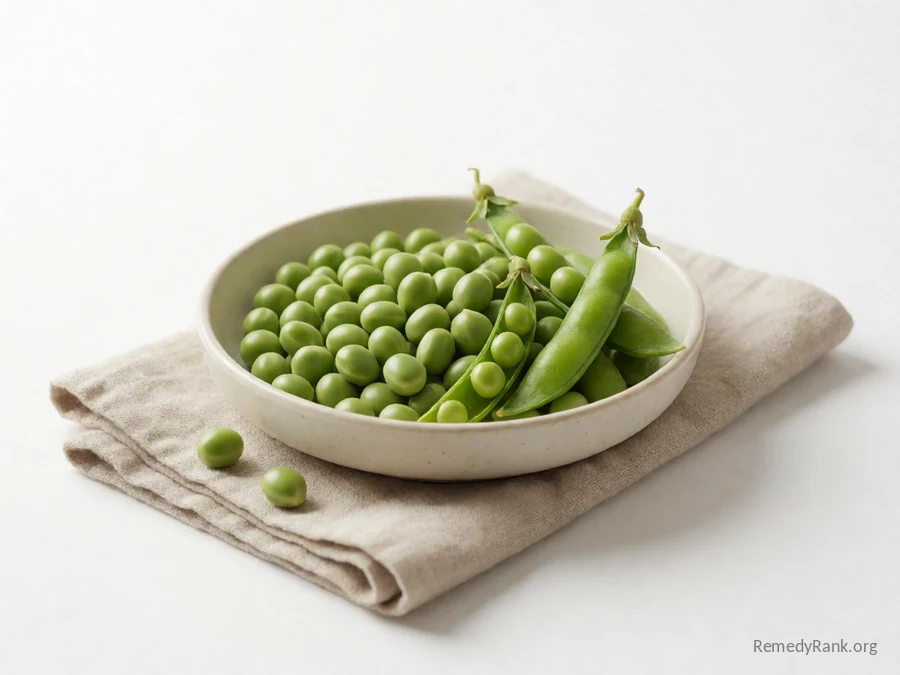 Bright green shelled peas beside a few open pods.