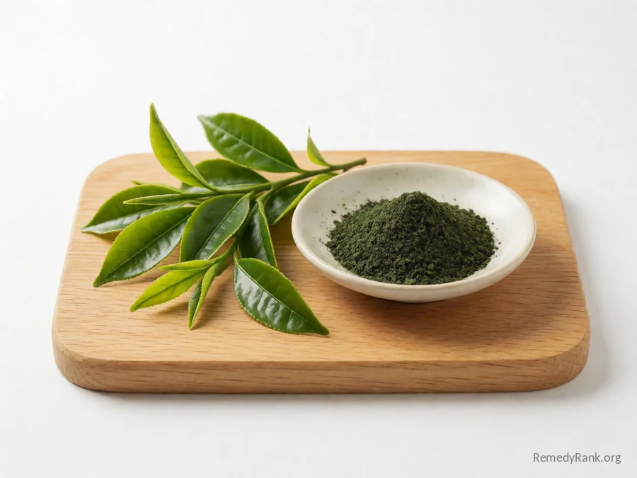 Fresh green tea leaves beside a dish of concentrated green tea extract powder.