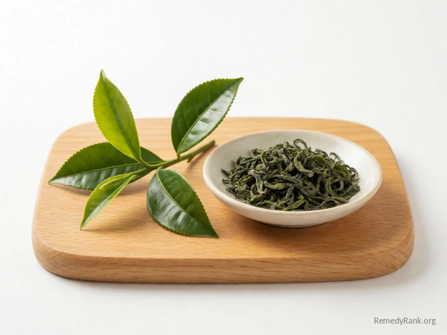 Fresh green tea leaves beside a dish of dried green tea leaf.