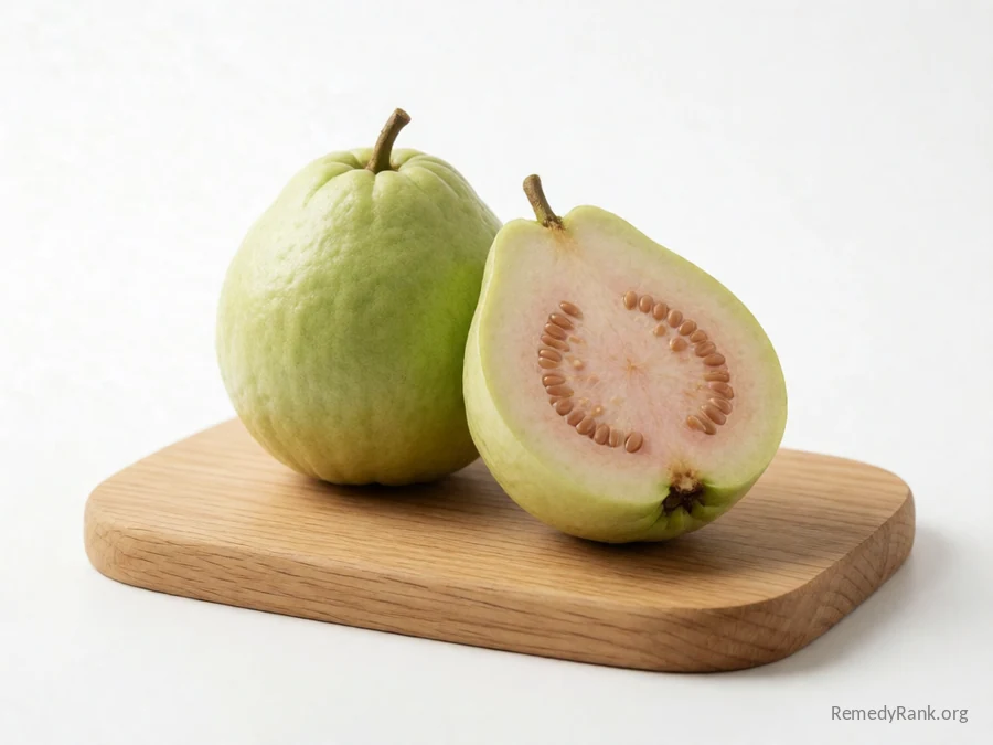 A whole guava beside a cut half showing its pink seeded flesh.