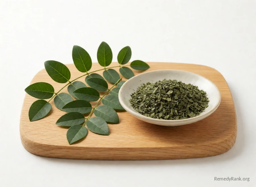 Fresh gymnema sylvestre leaves beside a dish of dried gymnema leaf.