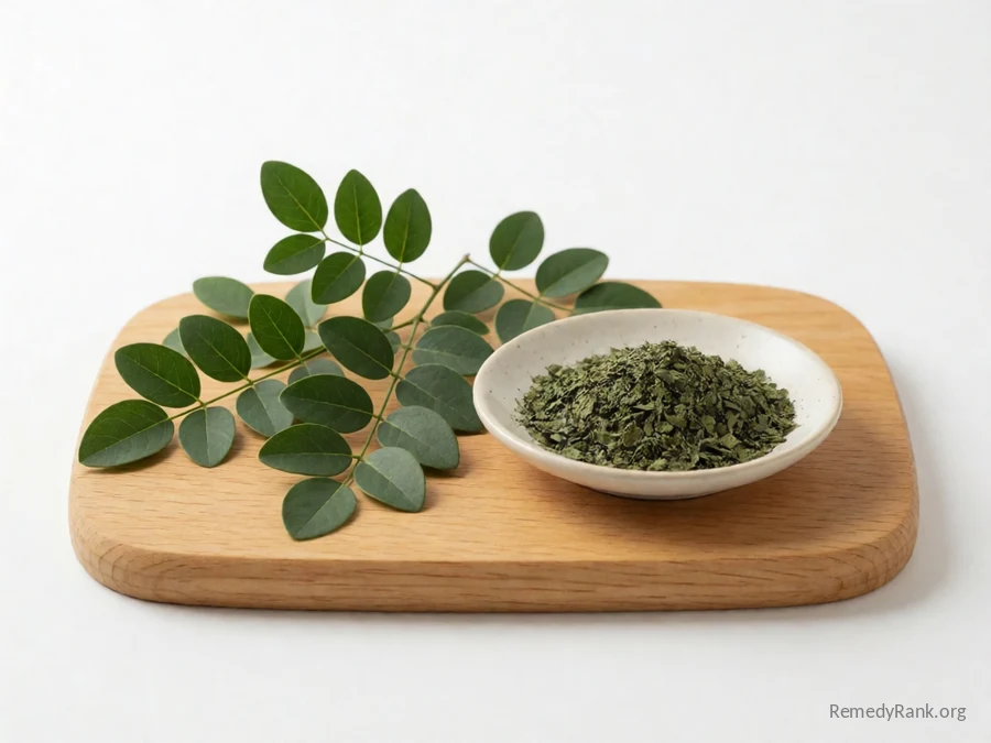 Fresh gymnema leaves beside a dish of dried gymnema leaf.