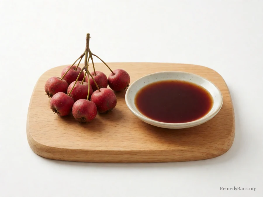 Fresh hawthorn berries beside a dish of hawthorn berry syrup.