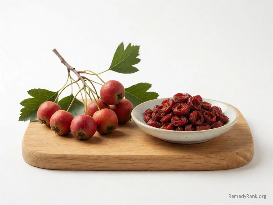 Fresh red hawthorn berries beside a dish of dried hawthorn berries.