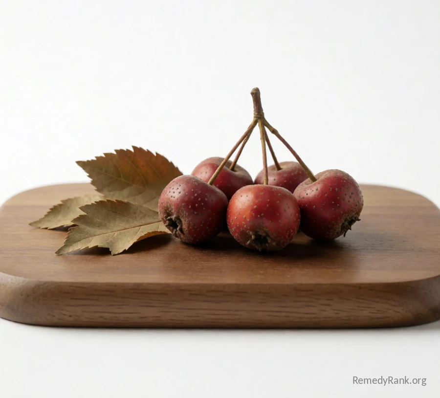 A cluster of deep-red hawthorn berries next to a few dried hawthorn leaves.