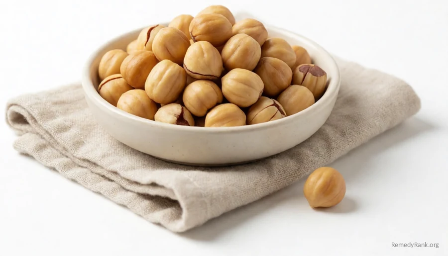 A handful of shelled, golden-brown hazelnuts.
