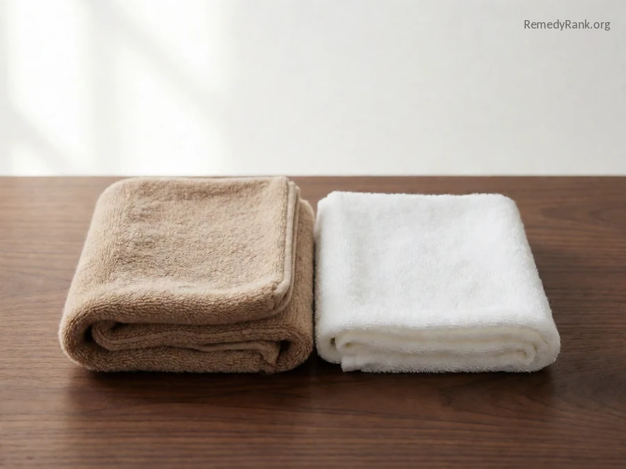 A wrung damp cloth strip next to a folded dry wool wrap.