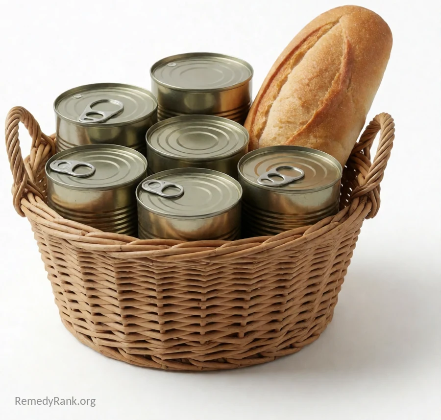 A woven basket filled with canned food and a loaf of bread, packed and ready to share.