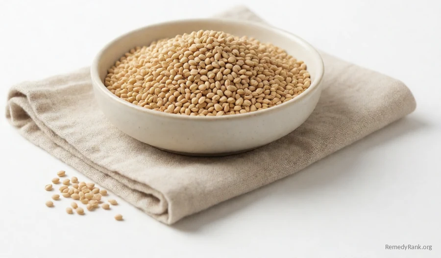 A small pile of pale tan hulled hemp seeds.