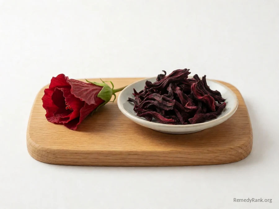 A fresh red hibiscus calyx beside a dish of dried ruby-red hibiscus.