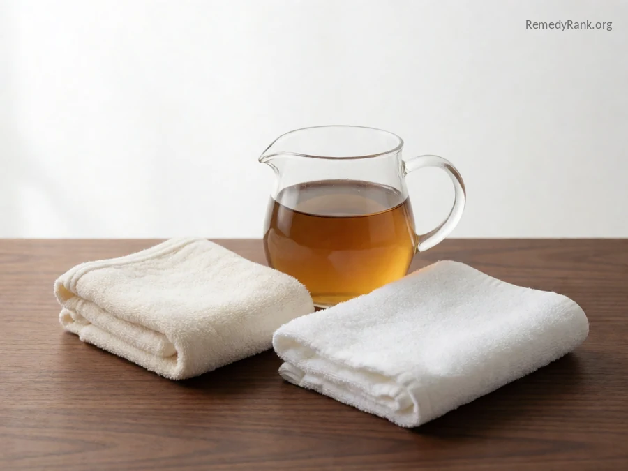 A small pitcher of warm water next to a folded cloth.