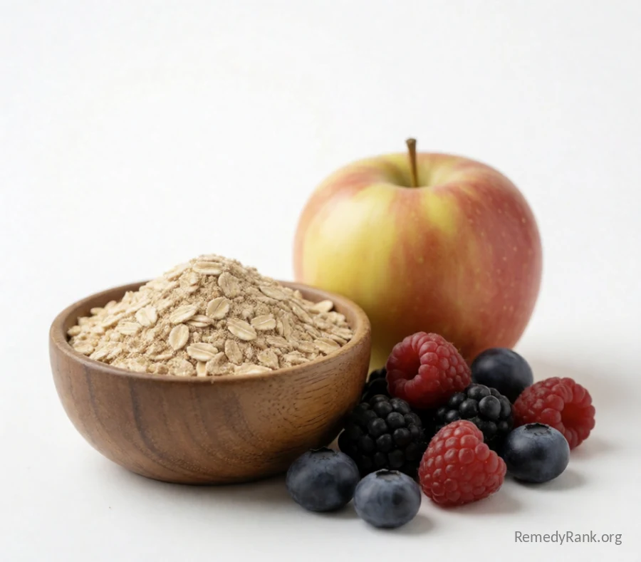A wooden bowl of wheat bran and oats sits beside a handful of fresh berries and a whole apple.