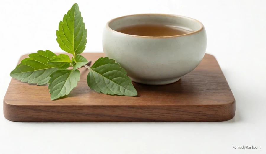 Fragrant holy basil leaves on a stem beside a ceramic teacup.