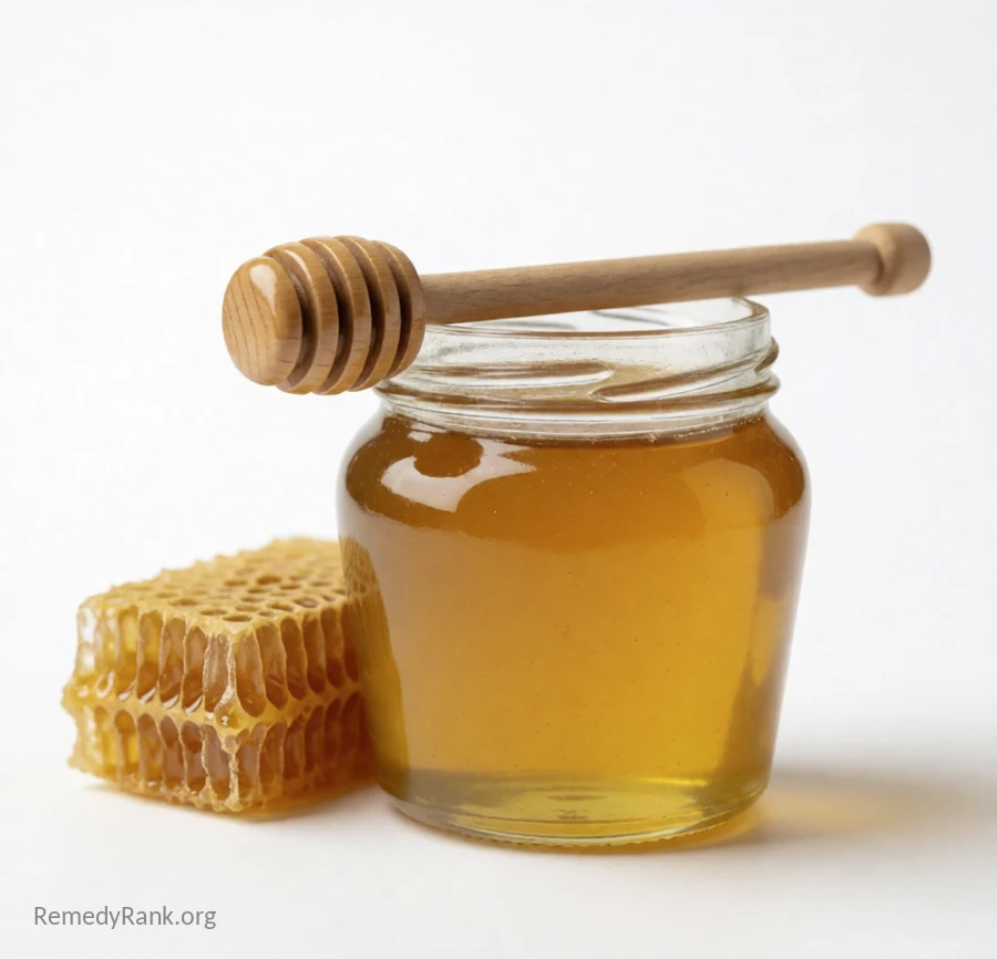 A glass jar of golden honey with a wooden dipper and a piece of honeycomb.