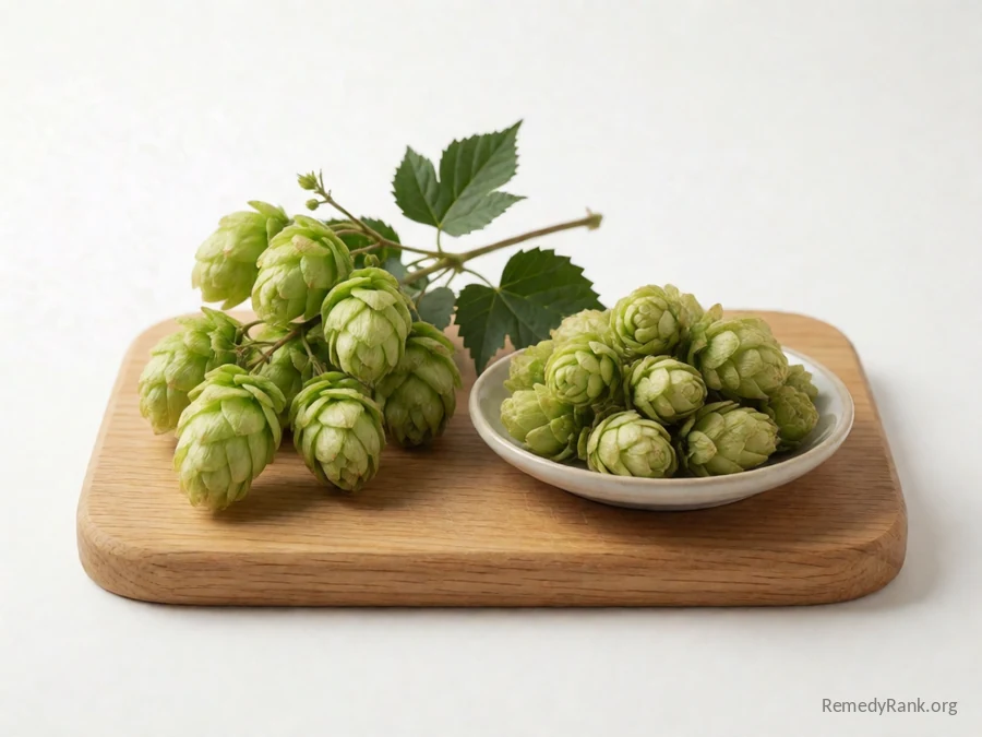 Fresh pale green hop cones beside a dish of dried hop cones.