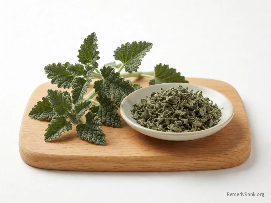 Fresh wrinkled grey-green horehound leaves beside a dish of dried horehound leaf.