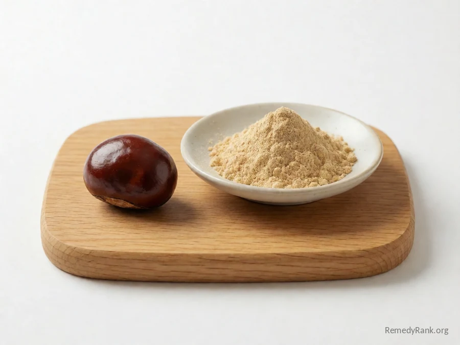 A horse chestnut seed beside a dish of seed extract powder.