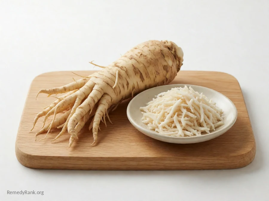 A whole horseradish root beside a dish of freshly grated horseradish.