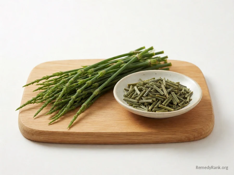 Fresh jointed horsetail stems beside a dish of dried cut horsetail.