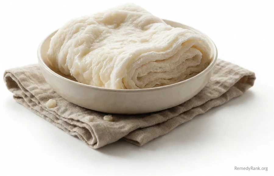 A thick, damp white cotton cloth folded for use as a heat pack.