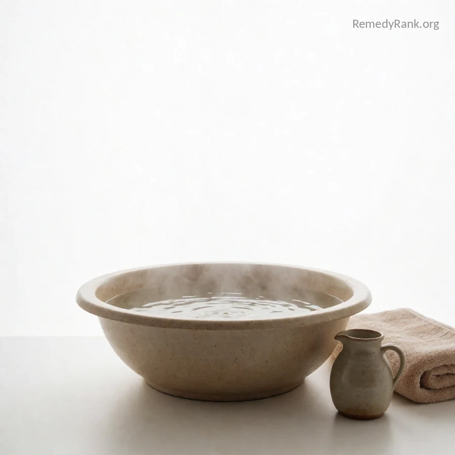 A wide basin of steaming water sits with a folded towel and a small jug resting beside it.