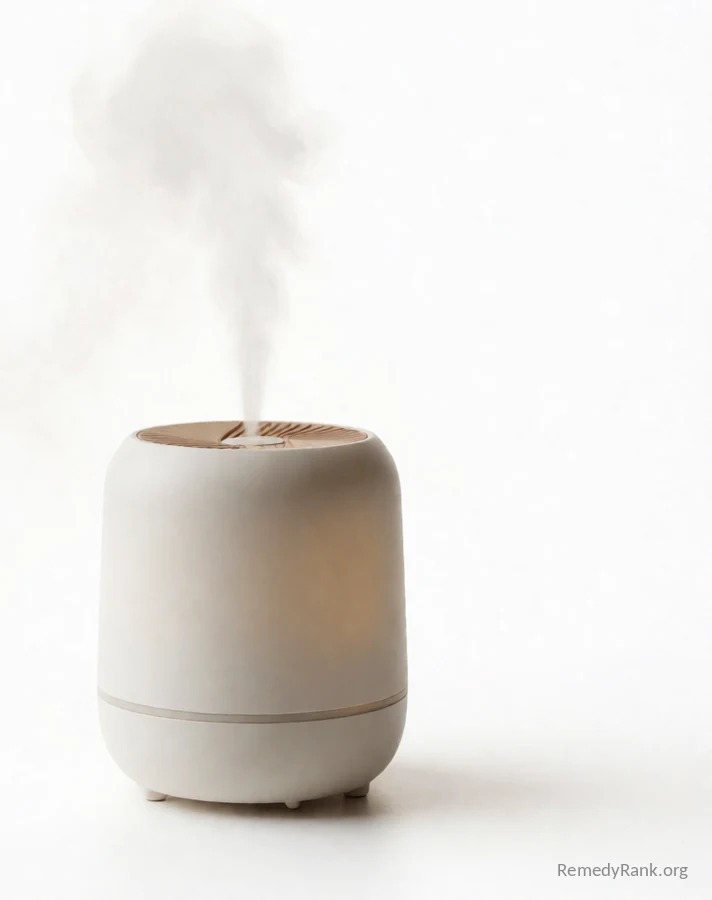 A small white tabletop humidifier with a gentle stream of mist rising softly from its top.
