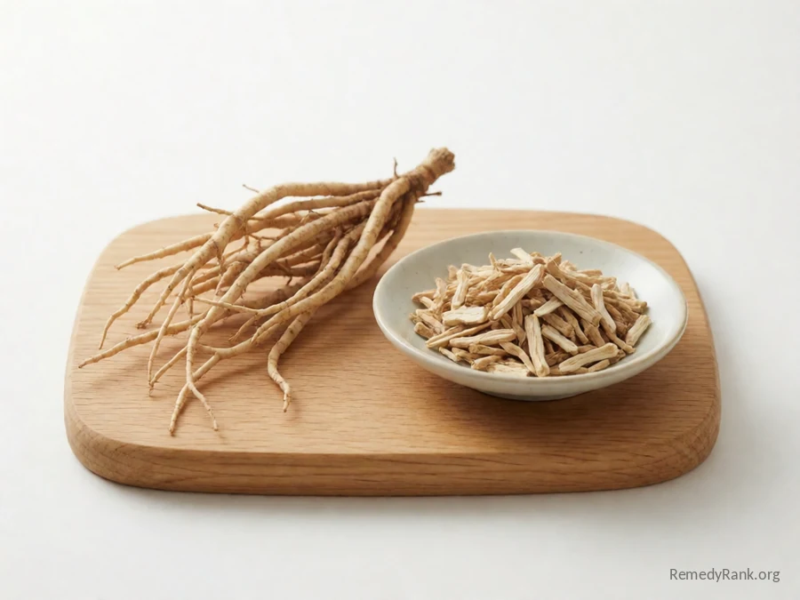 A piece of hydrangea root beside a dish of dried cut root.