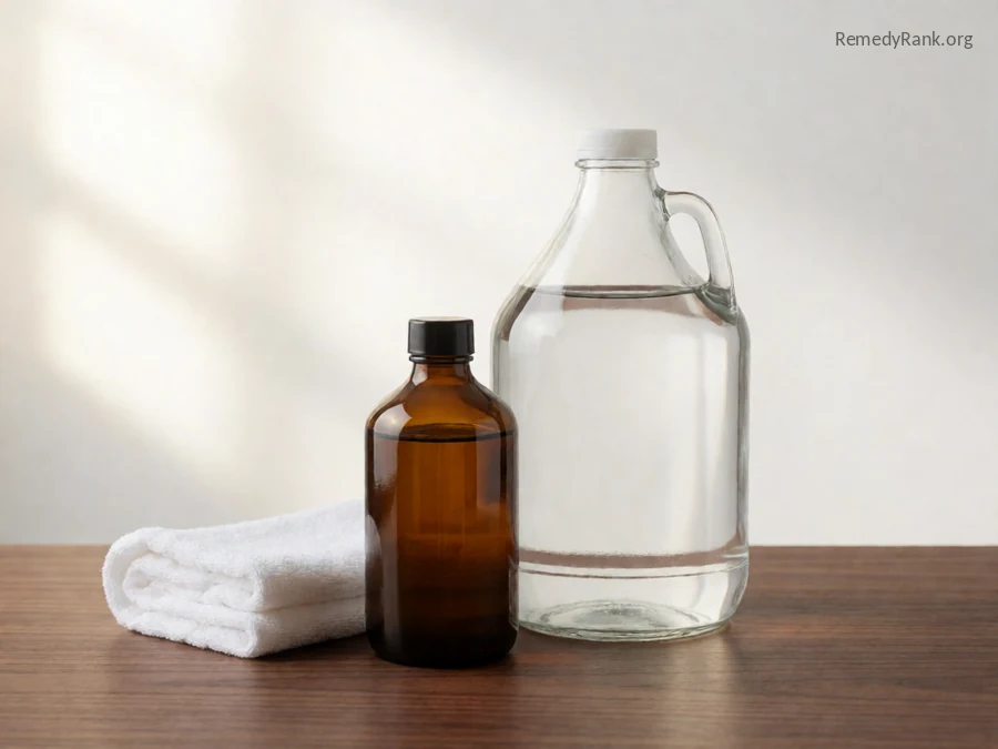 A brown glass bottle of hydrogen peroxide next to a large jug of water.