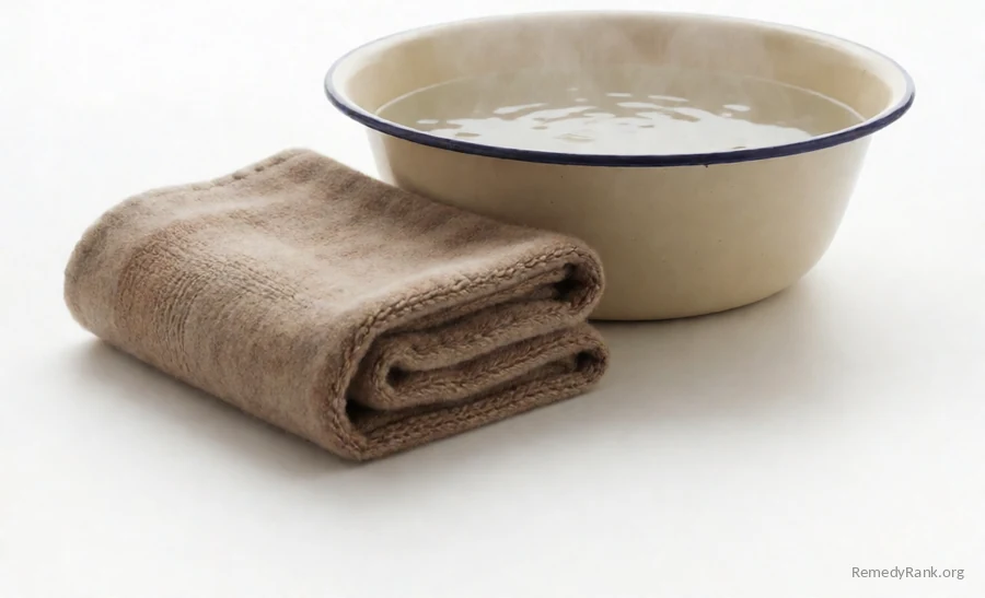 A thick folded flannel cloth rests beside a steaming enamel basin filled with hot water.