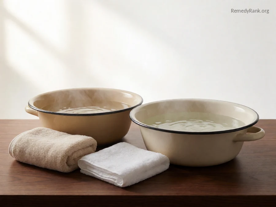 Two enamel basins of water, one steaming and one with ice, next to a folded towel.