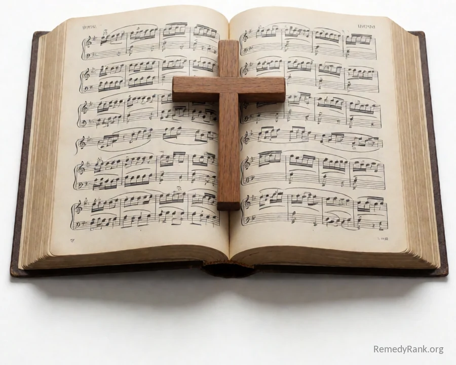An open hymnal showing printed music notation with a small wooden cross resting across the page.
