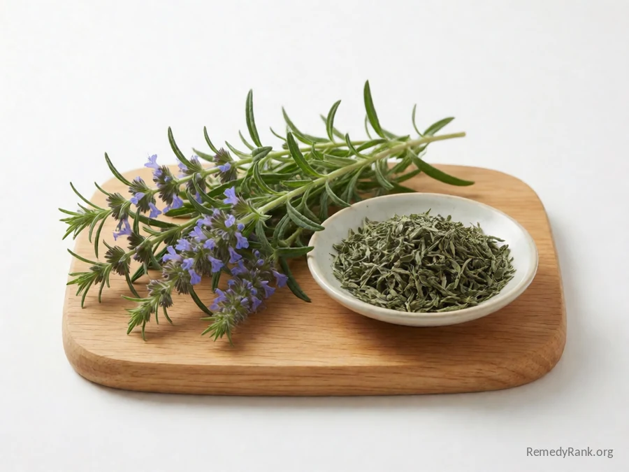 Fresh hyssop sprigs with blue-purple flowers beside a dish of dried hyssop leaf.