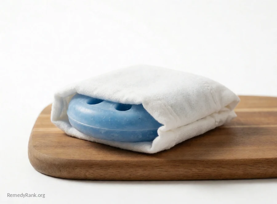 A blue gel ice pack folded in a white cloth.