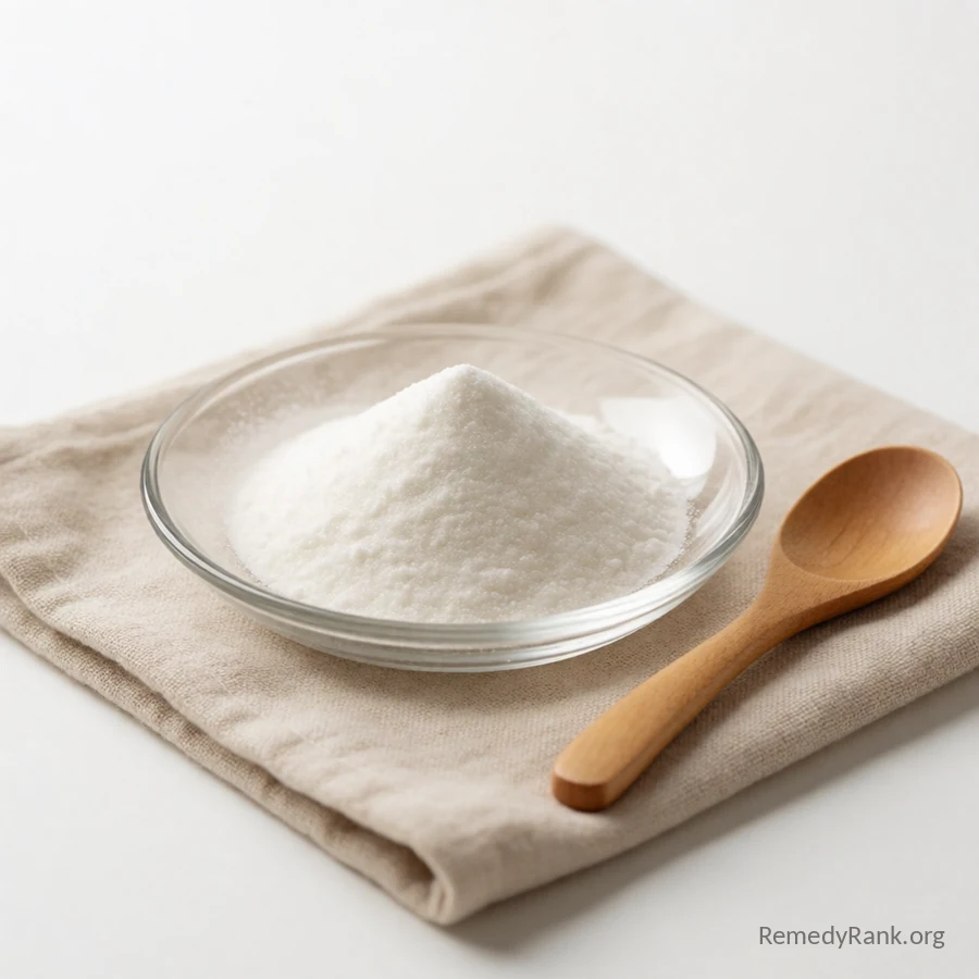 A small glass dish of fine white powder beside a wooden spoon on a plain linen cloth.