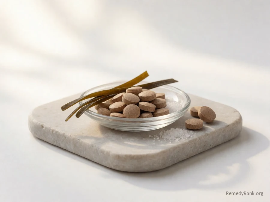 Small brown-flecked tablets beside strands of dried kelp and a pinch of salt.