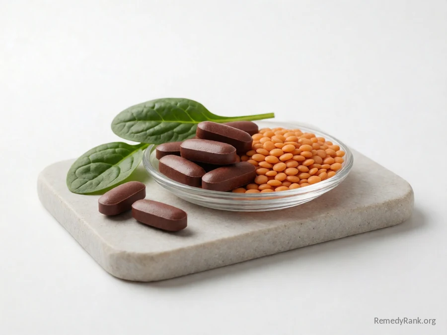 Dark reddish-brown oblong tablets beside raw lentils and spinach leaves.
