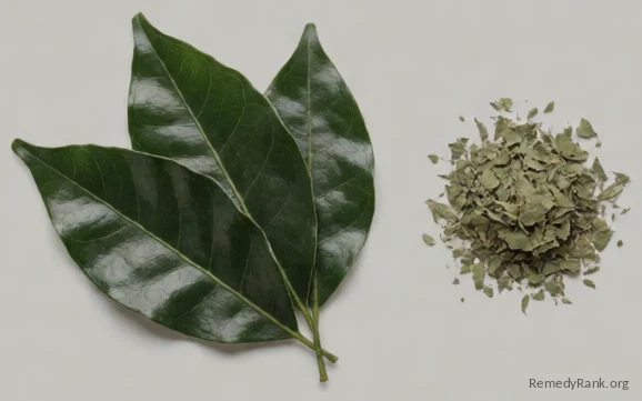 A few glossy dark green jaborandi leaflets and a small heap of the dried leaf, photographed plainly on a neutral grey background.