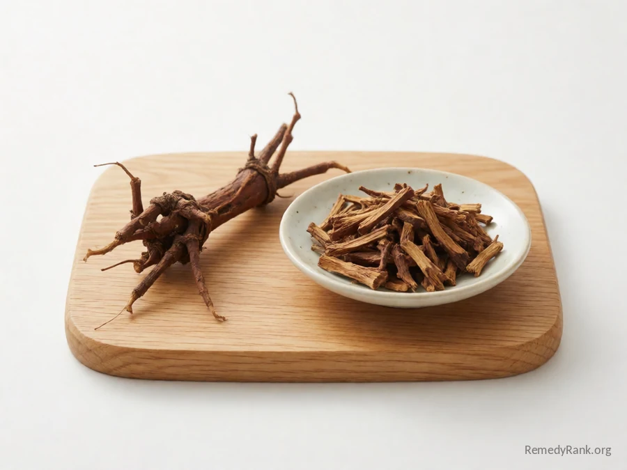A piece of Japanese knotweed root beside a dish of dried cut root.