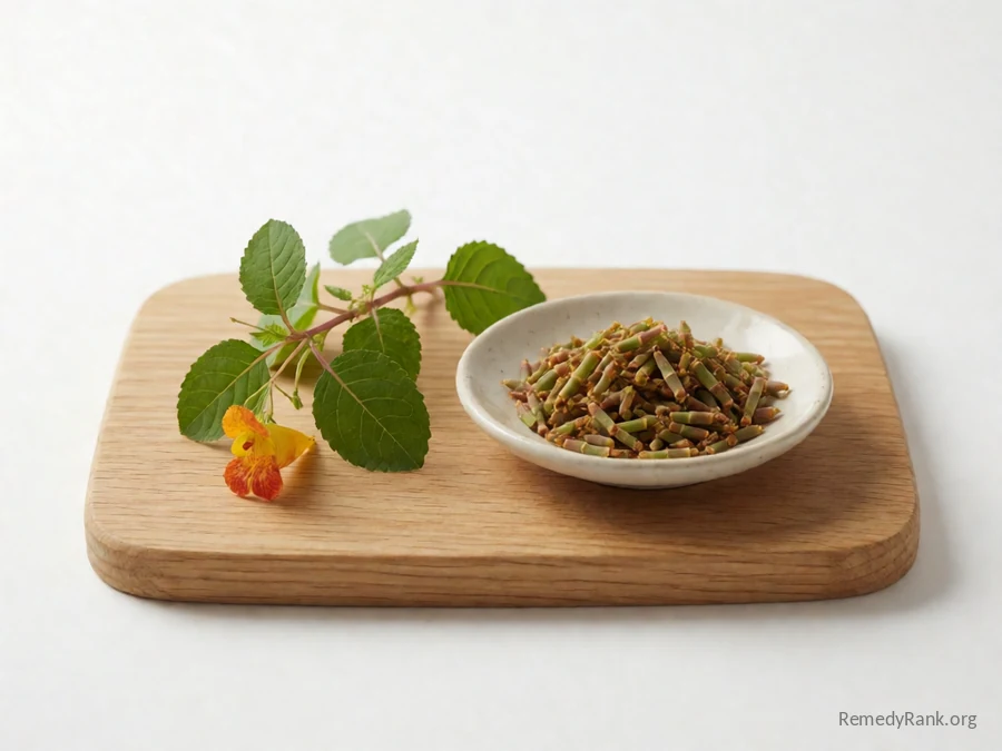 Fresh jewelweed stem and flower beside a dish of the crushed jewelweed juice.