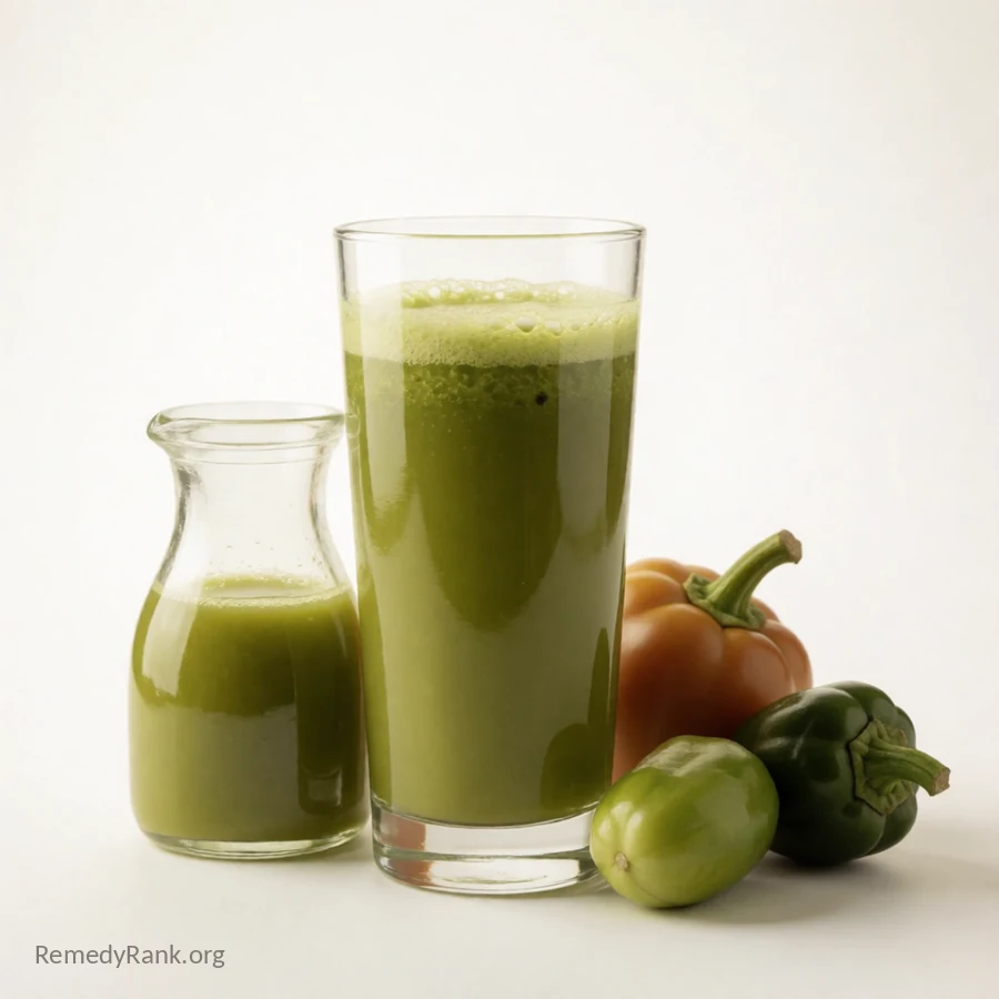A tall glass of fresh green juice sits beside a small glass jug and a few whole vegetables.